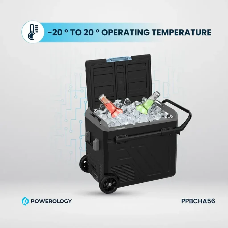 Powerology Portable Fridge 60L with Dual Compartment and Trolly - Gray
