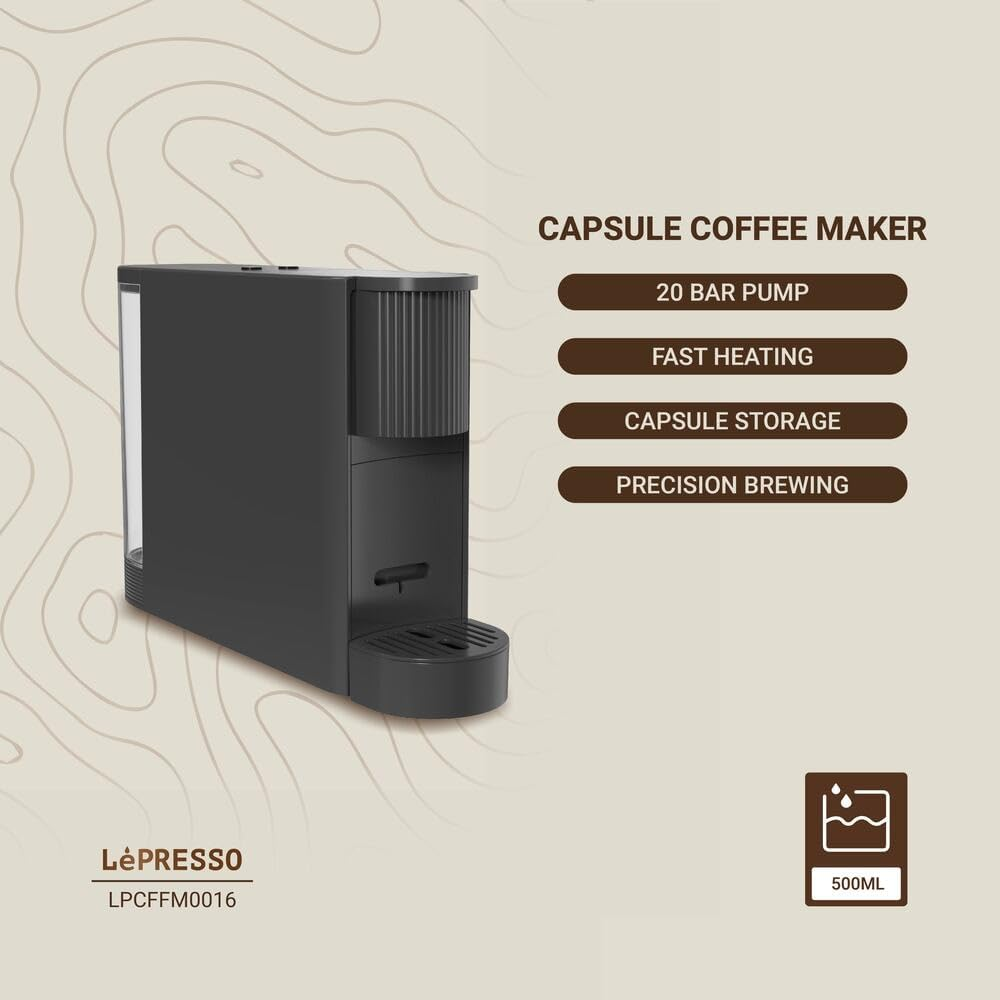 Lepresso Noir Intenso 20 Bar Coffee Machine with 500ml Water Capacity and Cupsule Storage - Black