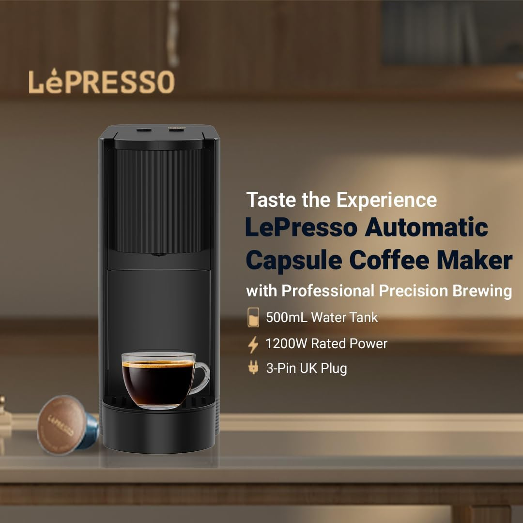 Lepresso Noir Intenso 20 Bar Coffee Machine with 500ml Water Capacity and Cupsule Storage - Black