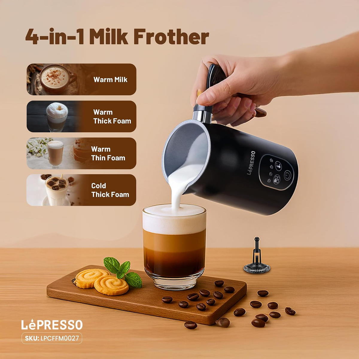 Lepresso Four Froth 500W Electric Multifunction Milk Frother - Black