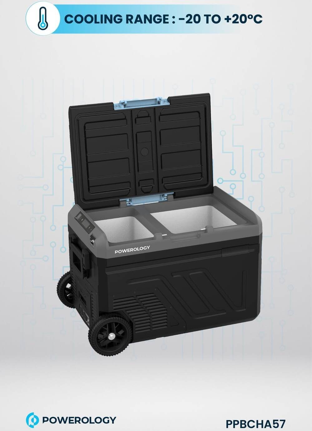 Powerology Portable Fridge 40L with Dual Compartment and Trolly - Gray