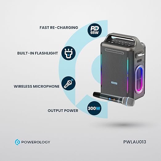 سماعة Powerology Karaoke Party Speaker بقوة 300 واط مع ميكروفون لاسلكي – موديل PWLAU013