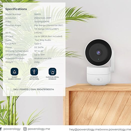 Powerology 4MP Indoor PTZ Smart Camera with Dual-Band WiFi, AI Motion Detection & 256GB Storage Support – White