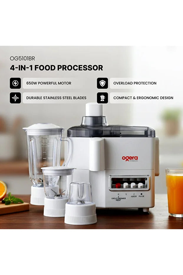 Ogera OG5101BR 4-in-1 Food Processor 650W Appliance with Blender Grinder Chopper