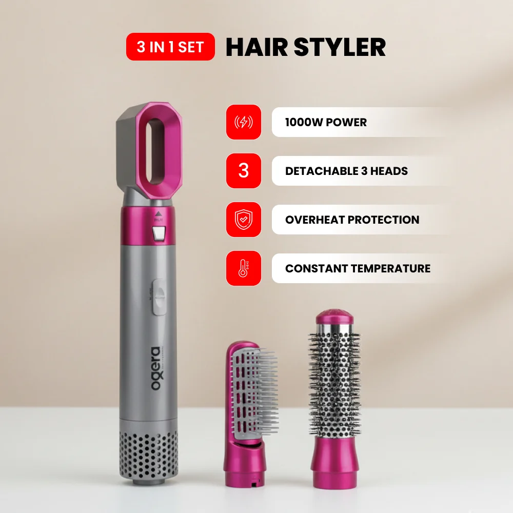 Ogera Hair Styler 3 in 1 Set with Detachable Heads Hot Air Brush 1000W OG2401HS Grey & Pink