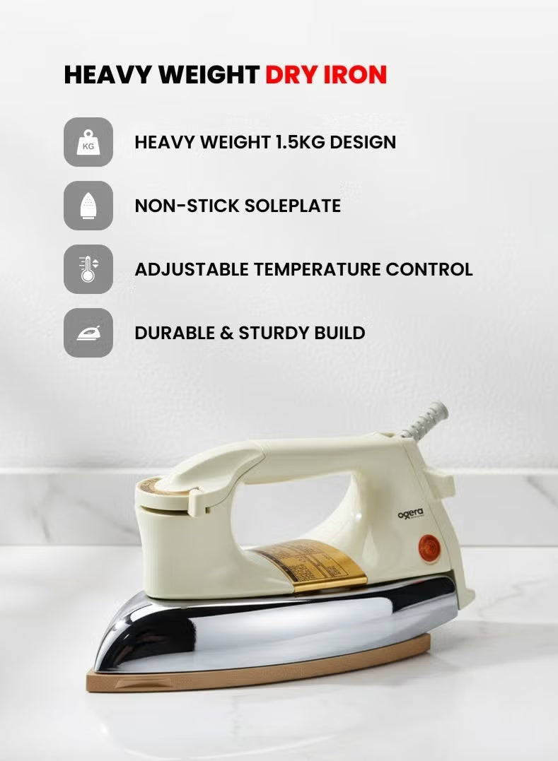 Ogera Heavy-Weight Dry Iron 1.5Kg 1200W Powerful Heating Non-Stick Soleplate OG111DI
