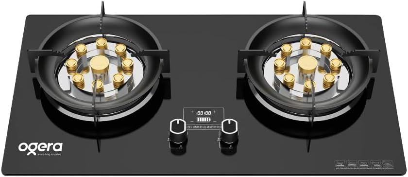 Ogera 2-Burner Glass Gas Hob 9-Cavity Wok Burner Flameout Protection OG3010GC