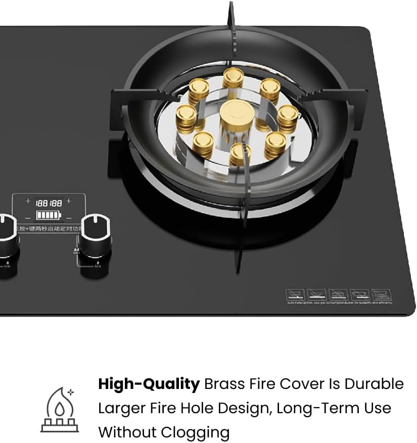 Ogera 2-Burner Glass Gas Hob 9-Cavity Wok Burner Flameout Protection OG3010GC