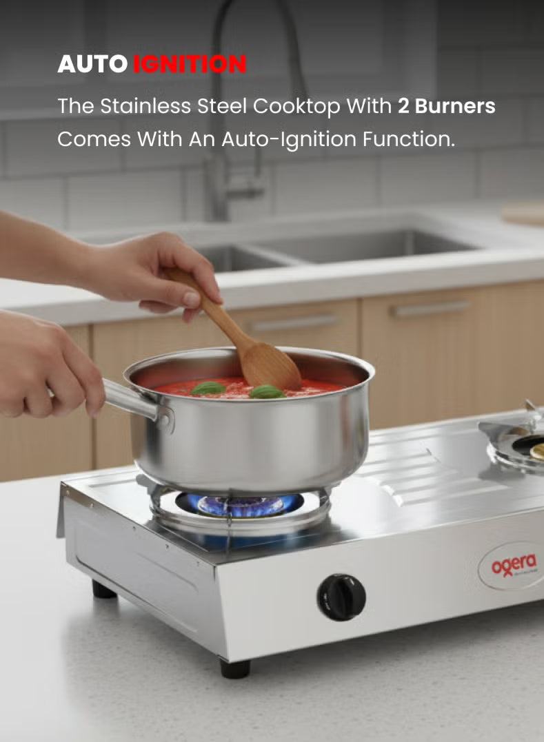 Ogera Stainless Steel Double Gas Burner Stove 2 High-Efficiency Burners Low Gas Consumption OG3012GC