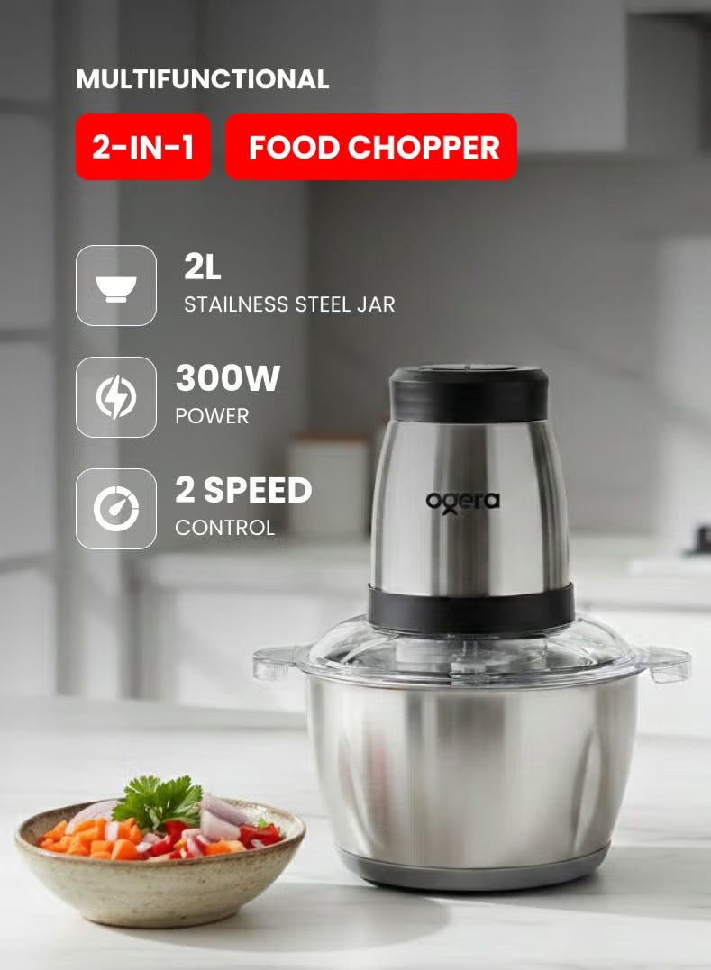 Ogera Electric Food Chopper & Mincer XXL 2.0L Stainless Steel Bowl Anti-Slip Base OG4000FC