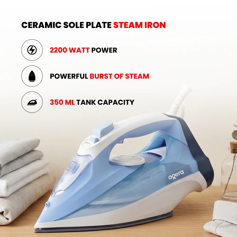 Ogera Steam Iron 2200W Ceramic Soleplate Anti-Drip Function Smart Auto Shut-Off OG51SI