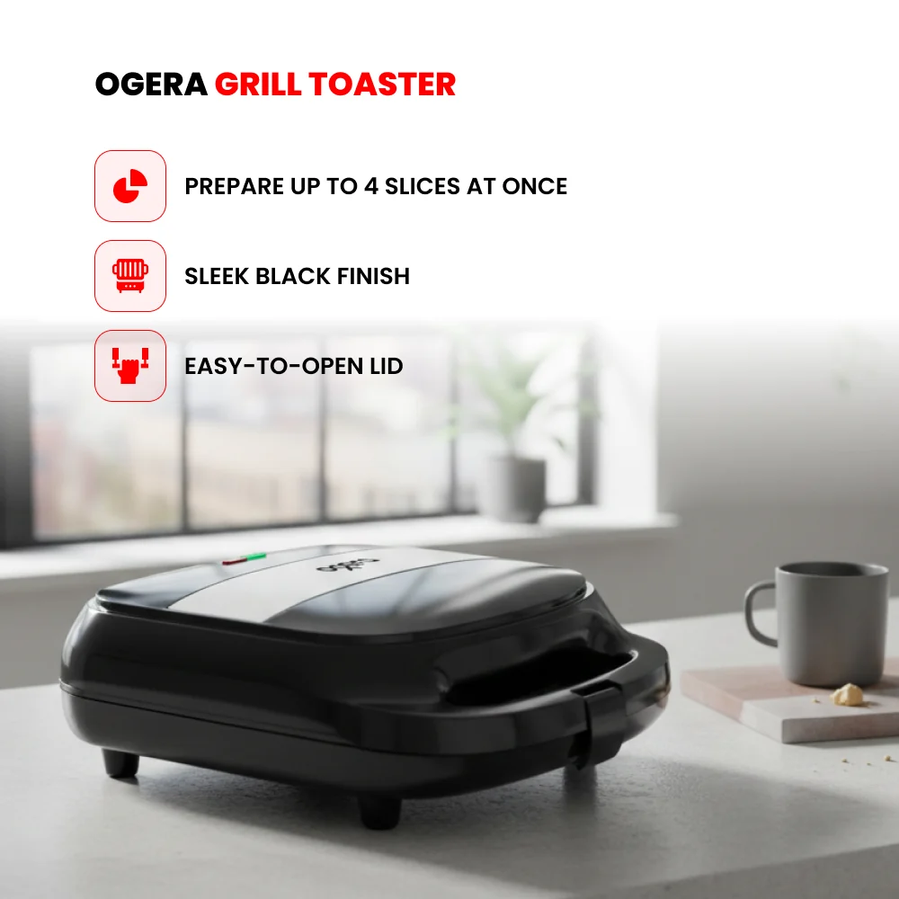Ogera Grill Toaster 1400W Non-Stick Grill Plates 4-Slice Capacity OG1301GT