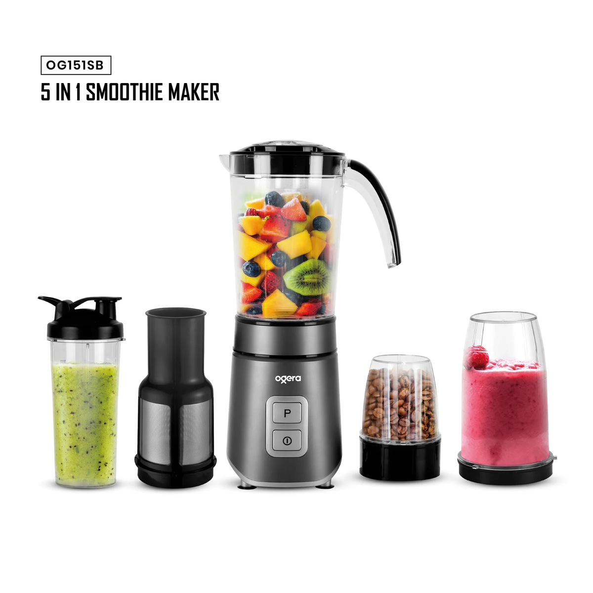 Ogera 5‑in‑1 Smoothie Maker 500W | Personal Blender with Multiple Jars & Attachments 100% Copper Motor