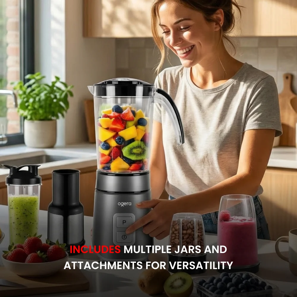 Ogera 5‑in‑1 Smoothie Maker 500W | Personal Blender with Multiple Jars & Attachments 100% Copper Motor
