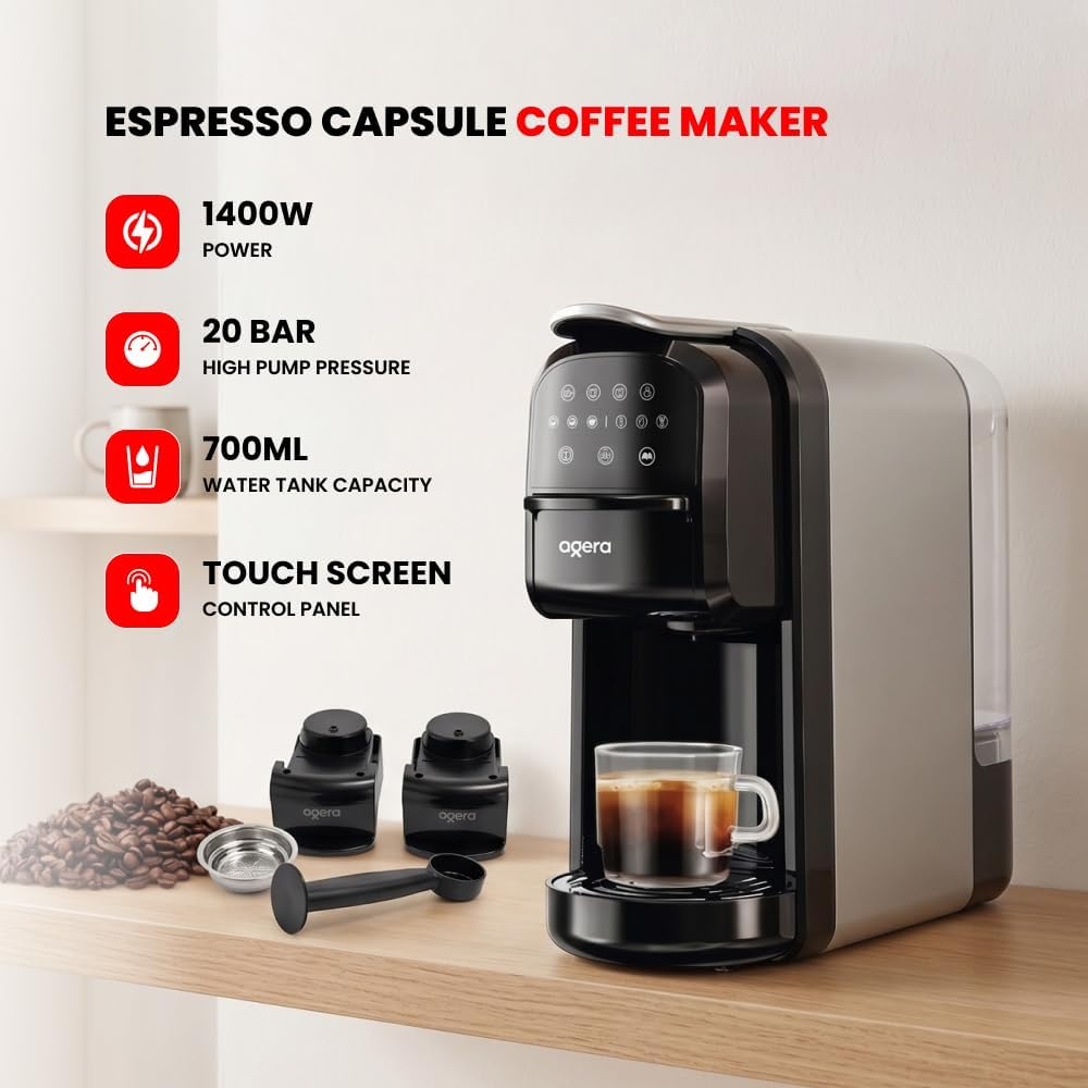 Ogera 3 in 1 Espresso Coffee Maker 1400W Power 20 Bar Pressure Pump Digital Touch Control OG1400EC