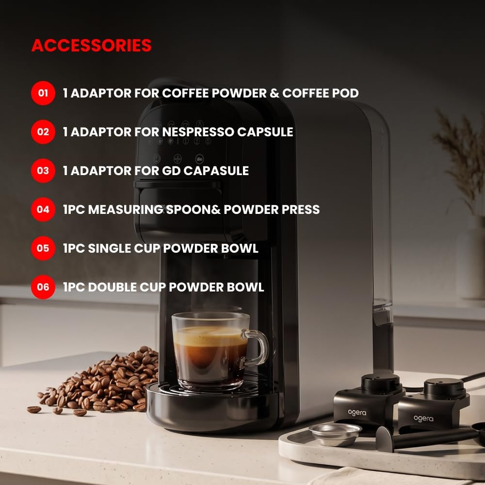 Ogera 3 in 1 Espresso Coffee Maker 1400W Power 20 Bar Pressure Pump Digital Touch Control OG1400EC