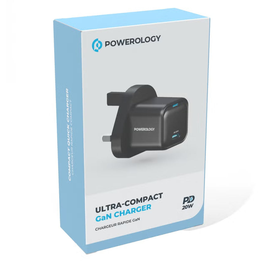 Powerology Ultra-Compact GaN Charger 20W USB-C PD Fast Charging UK Plug – Black