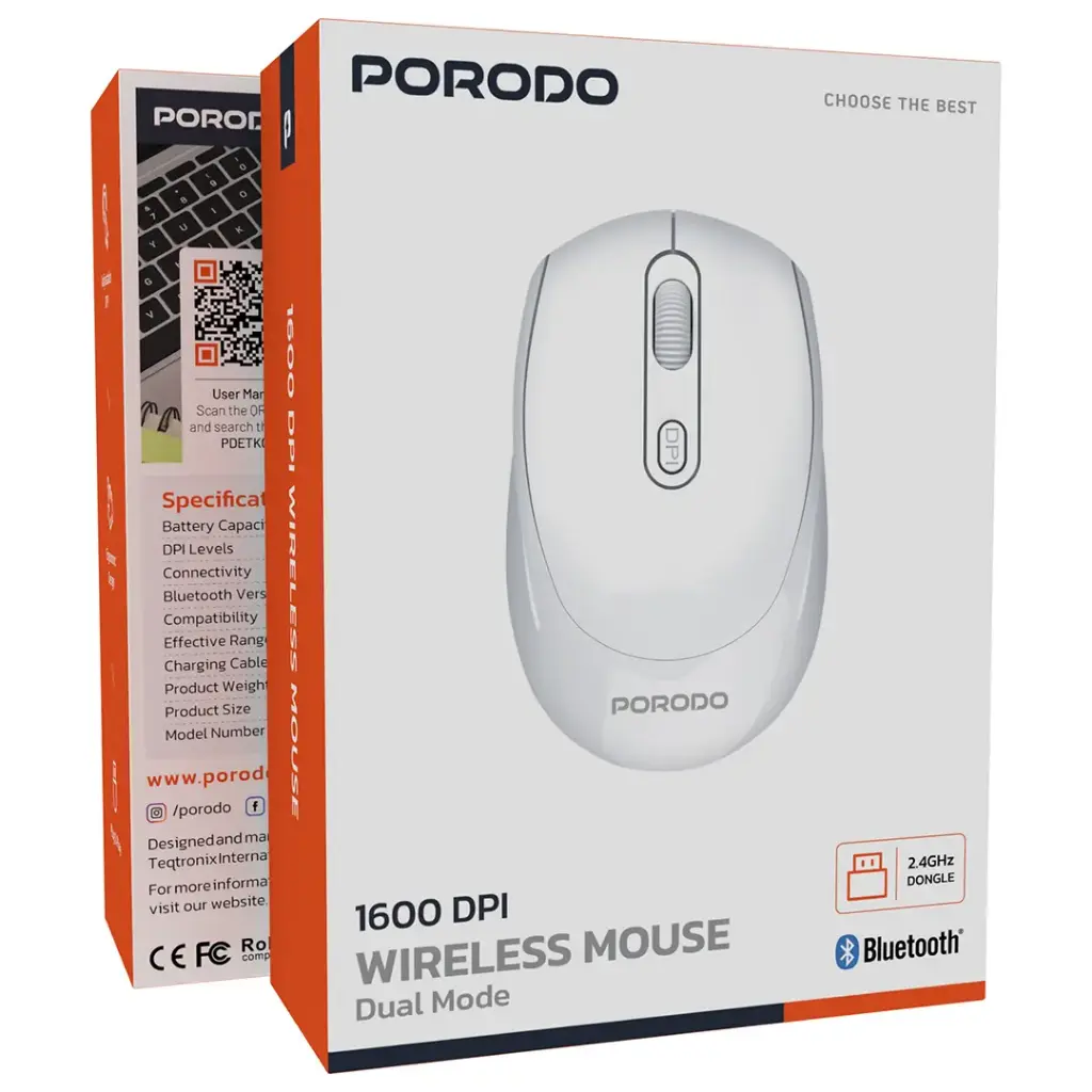 Porodo 2.4G+BT Dual Mode Rechargeable Mouse 300mAh battery Adjustable 800- 1600 DPI