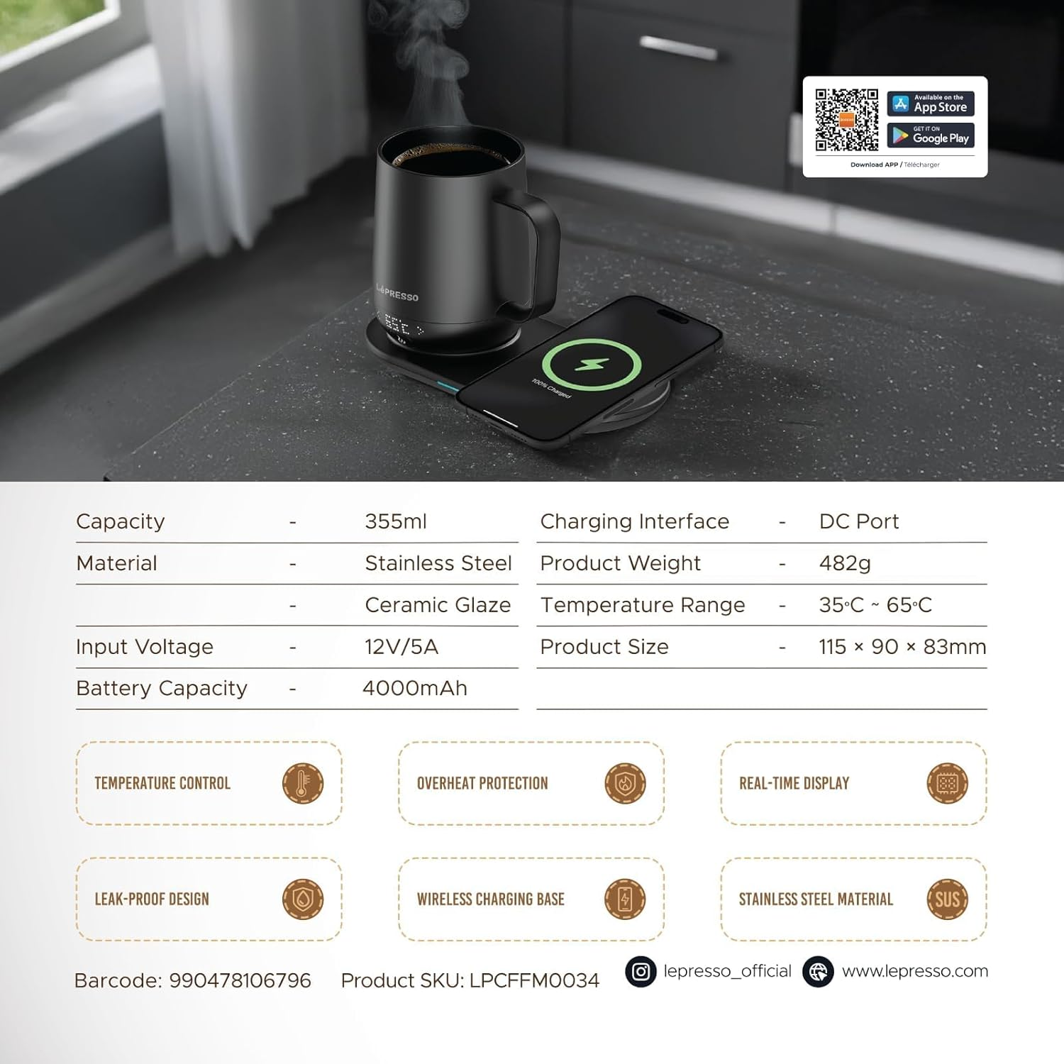 LePresso Smart Heated Mug 12oz with Wireless Charging Pad