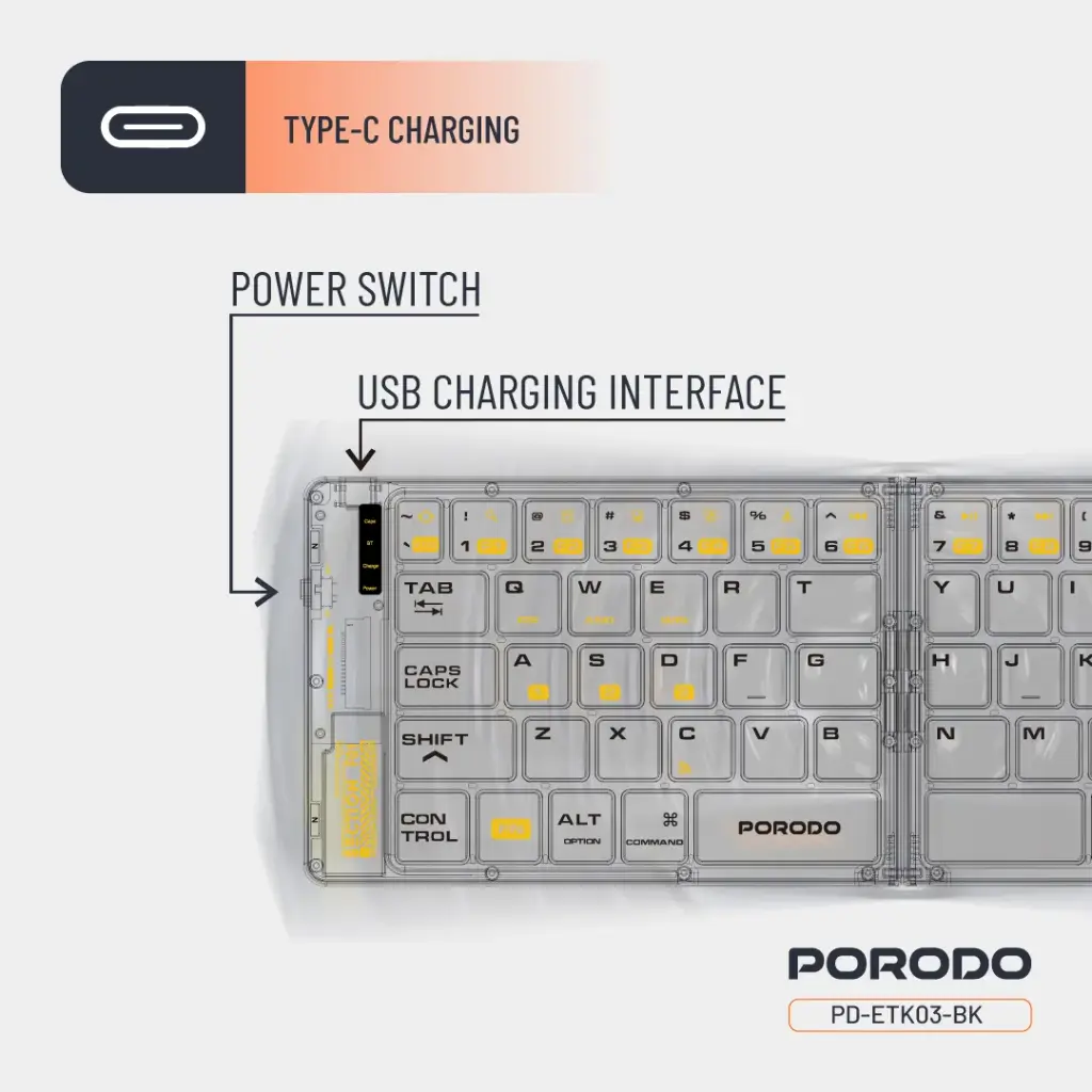 Porodo Crystal Shell Transparent Bluetooth Folding Keyboard