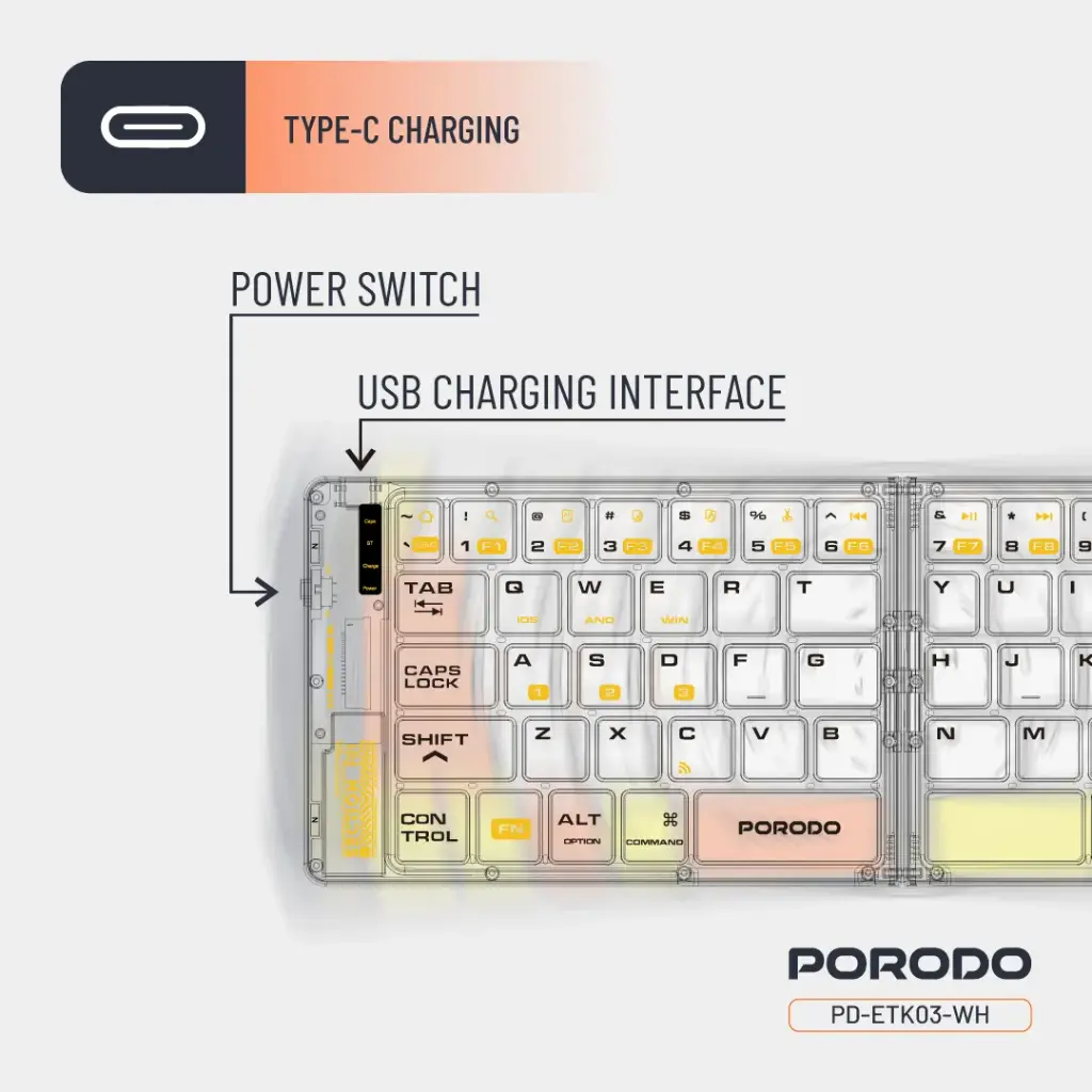 Porodo Crystal Shell Transparent Bluetooth Folding Keyboard