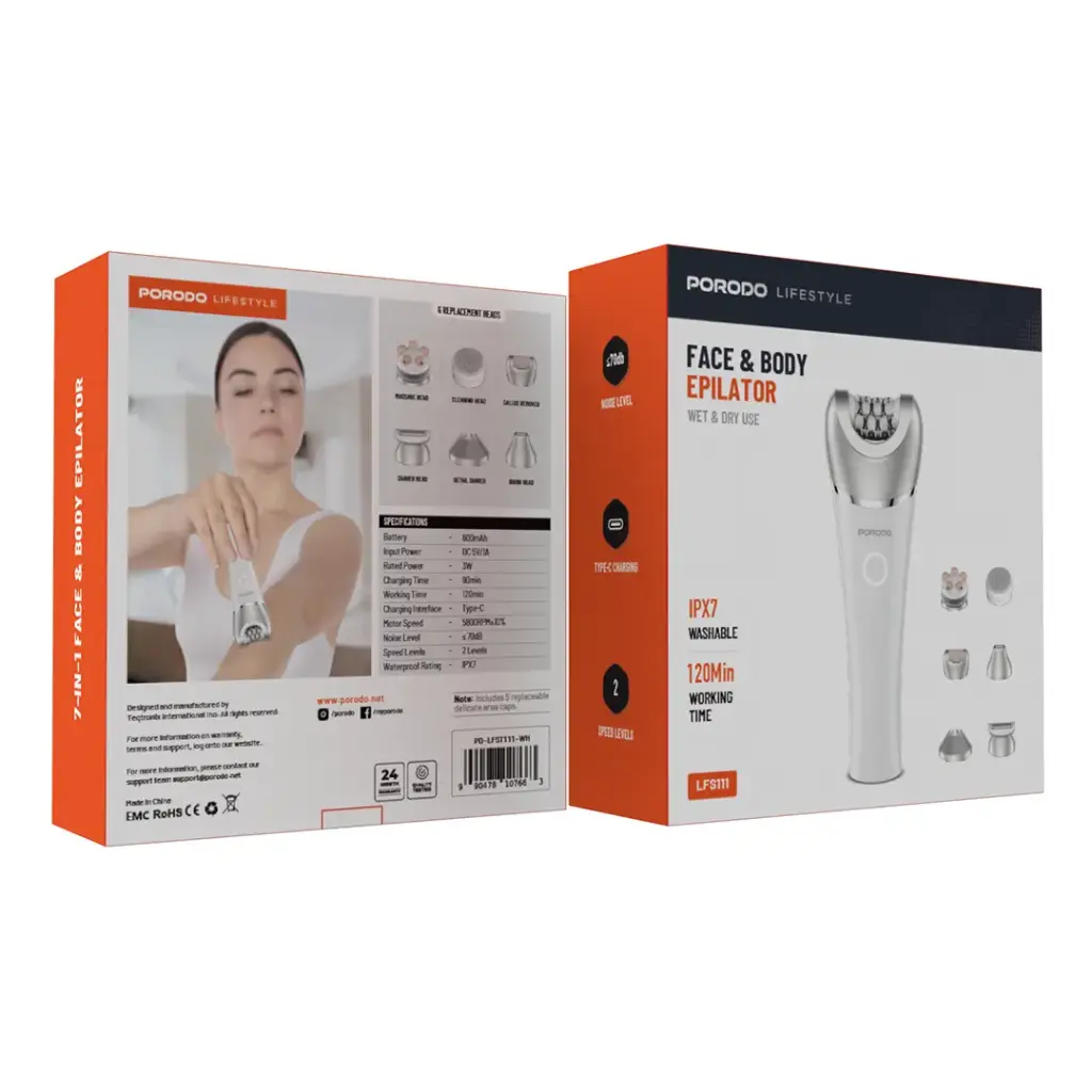 Porodo 7-in-1 IPX7 Epilator 600mAh - White