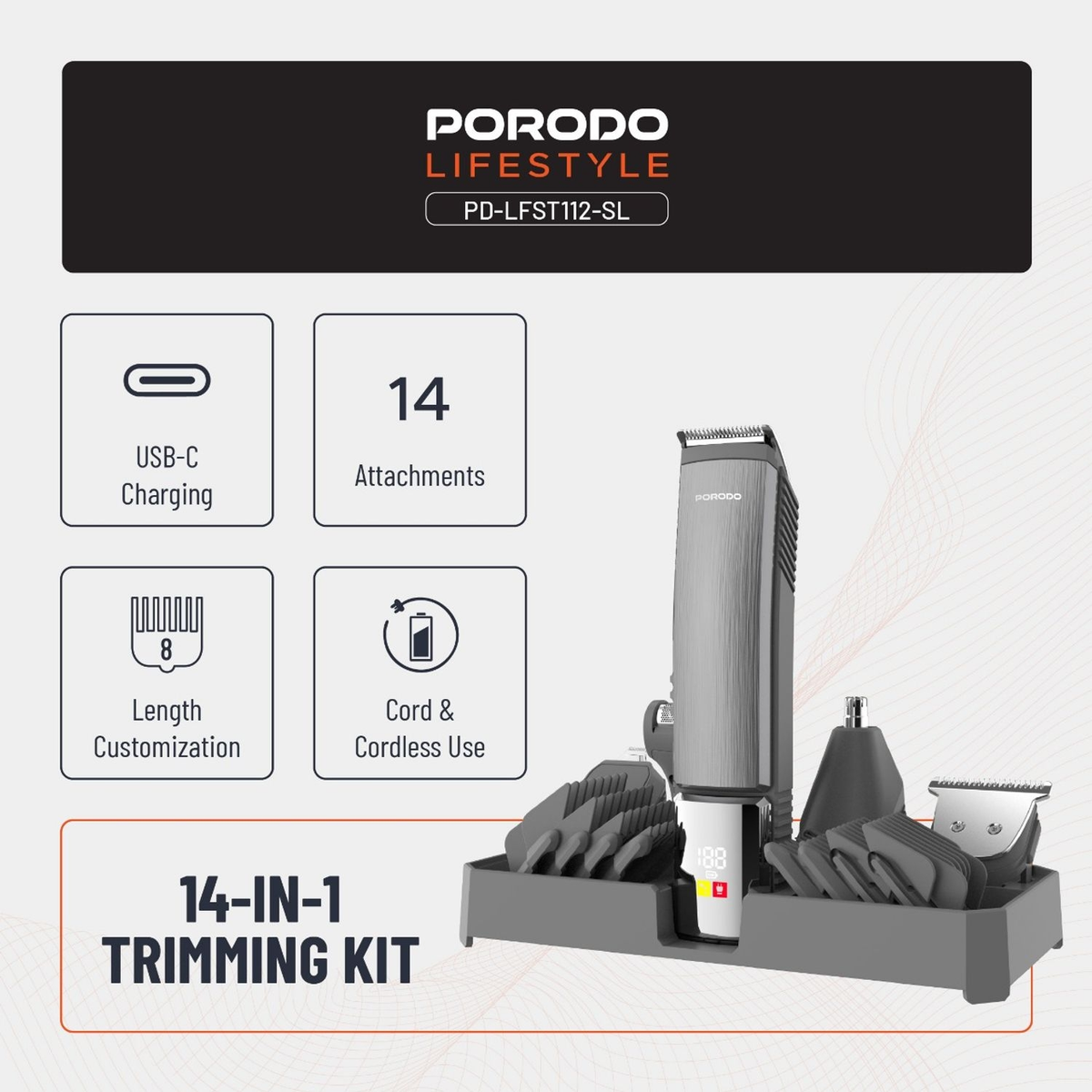 Porodo Lifestyle 4- in-1 Rechargeable Grooming Kit - Silver
