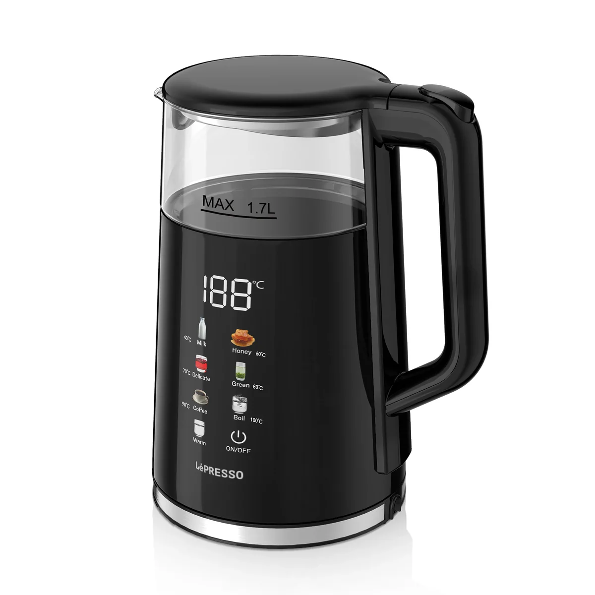LePresso 2200W 1.7L Electric Kettle with Auto Shut-Off & Digital Display - Black