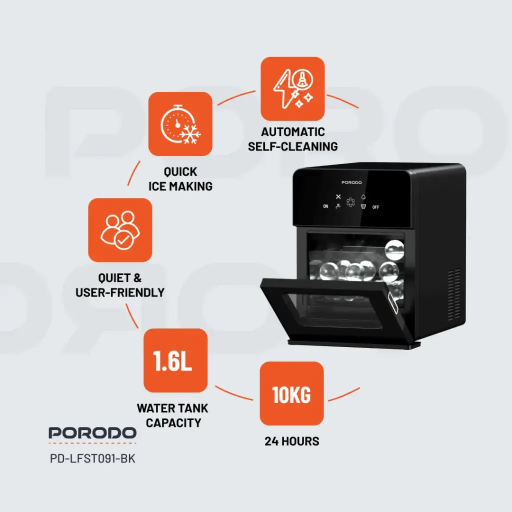 Porodo Lifestyle SPHERE-SHAPED 260W Dual Sphere Ice Maker 1.6L with LCD Touch Display - Black