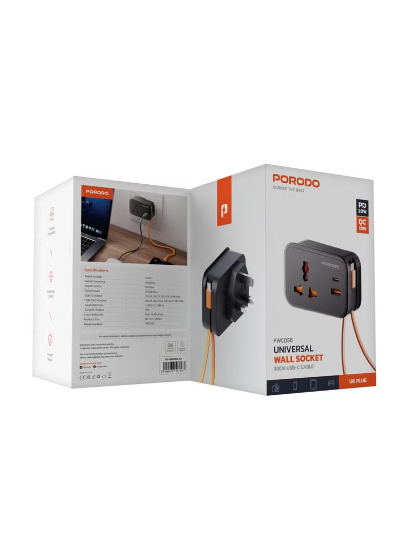 Porodo 20W Universal Wall Socket UK Plug 1 AC*1 USB-A*1 USB-C with 30cm USB-C Cable