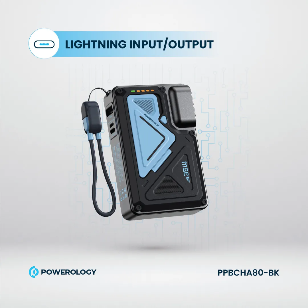 Powerology 10000mAh MagSafe Wireless Power Bank with Type-C & Lightning Cable Adapter