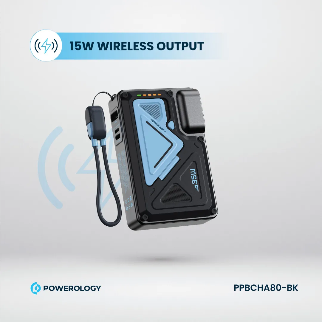 Powerology 10000mAh MagSafe Wireless Power Bank with Type-C & Lightning Cable Adapter