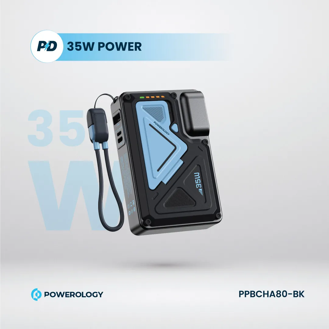 Powerology 10000mAh MagSafe Wireless Power Bank with Type-C & Lightning Cable Adapter