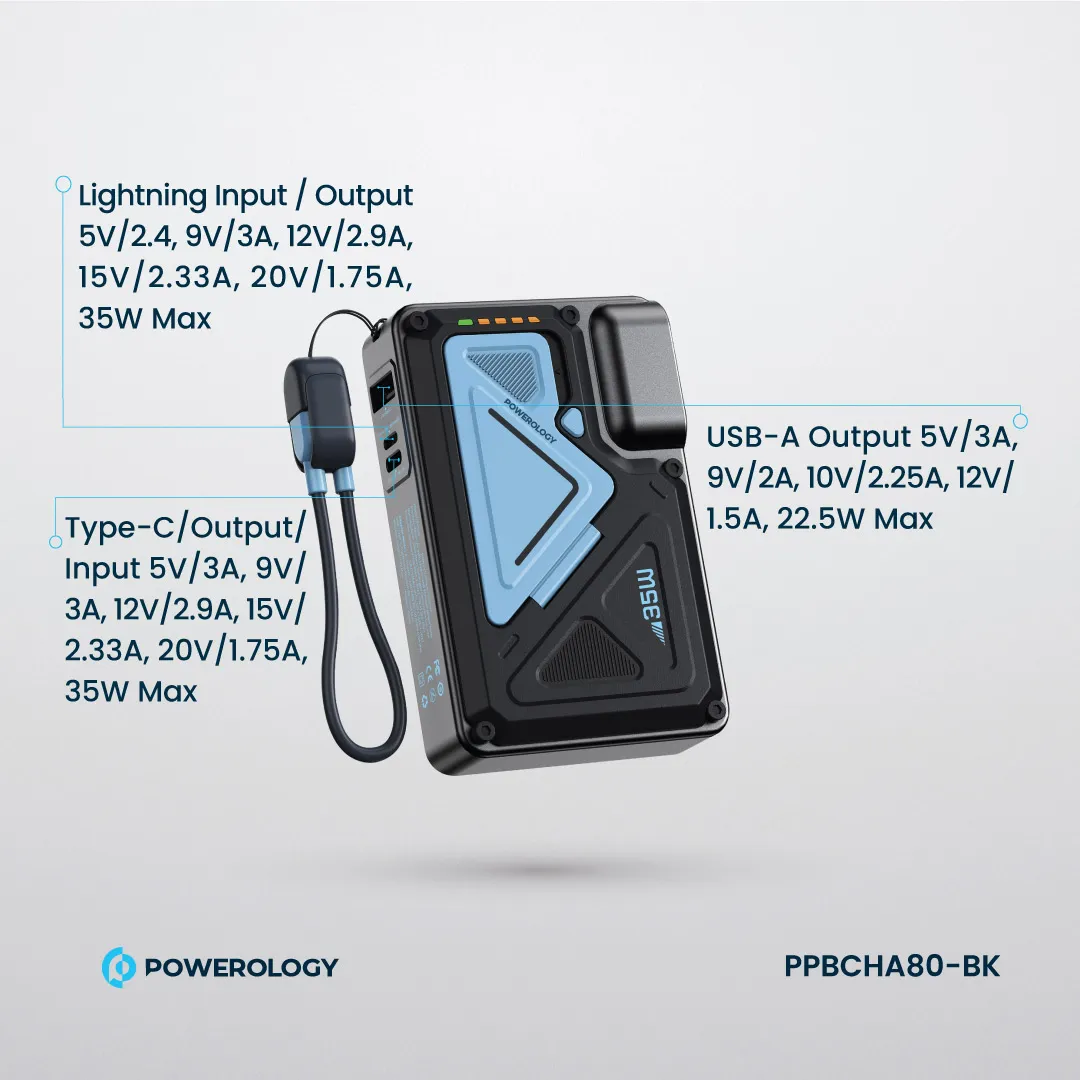 Powerology 10000mAh MagSafe Wireless Power Bank with Type-C & Lightning Cable Adapter