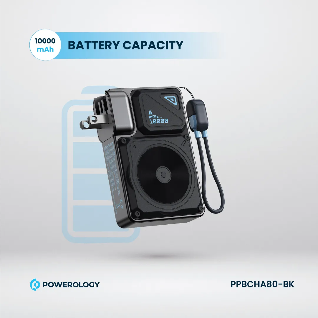 Powerology 10000mAh MagSafe Wireless Power Bank with Type-C & Lightning Cable Adapter