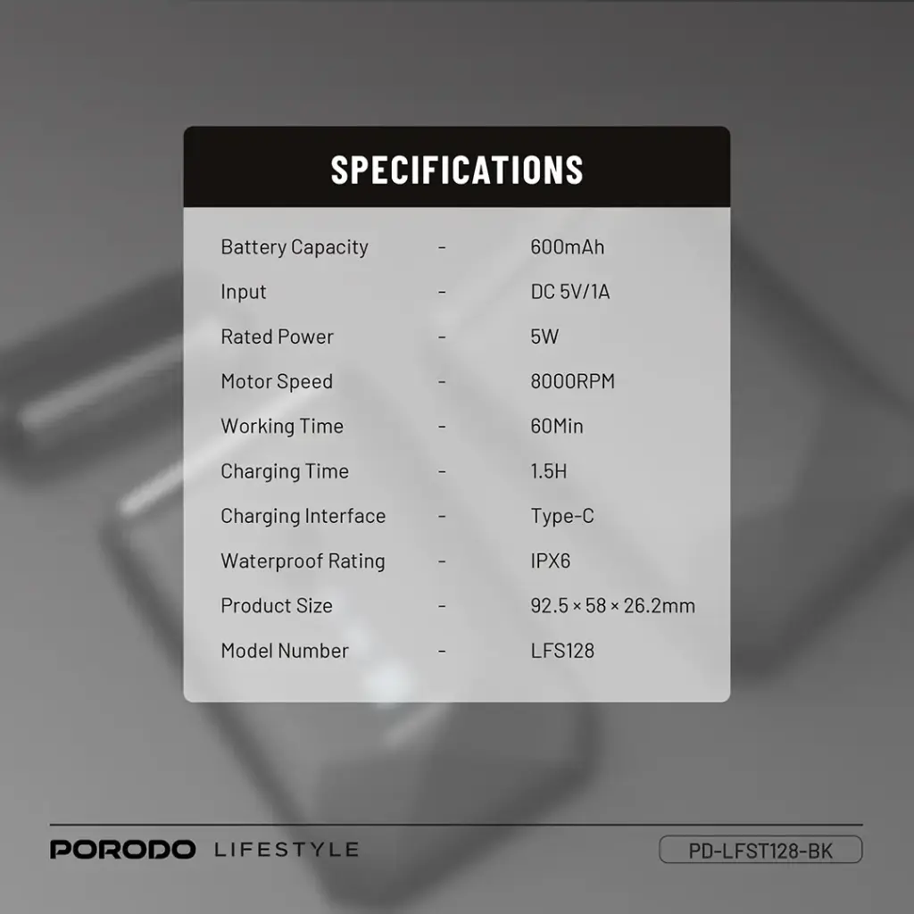 Porodo Lifestyle Dual-Blade IPX7 Portable Travel Shaver 600mAh - Black