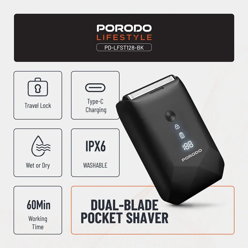 Porodo Lifestyle Dual-Blade IPX7 Portable Travel Shaver 600mAh - Black