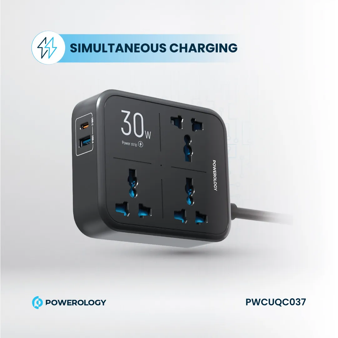 Powerology 30W Wall Socket UK Plug 3 AC*1 USBA*1 USB-C with 2m USB-C Cable - Black