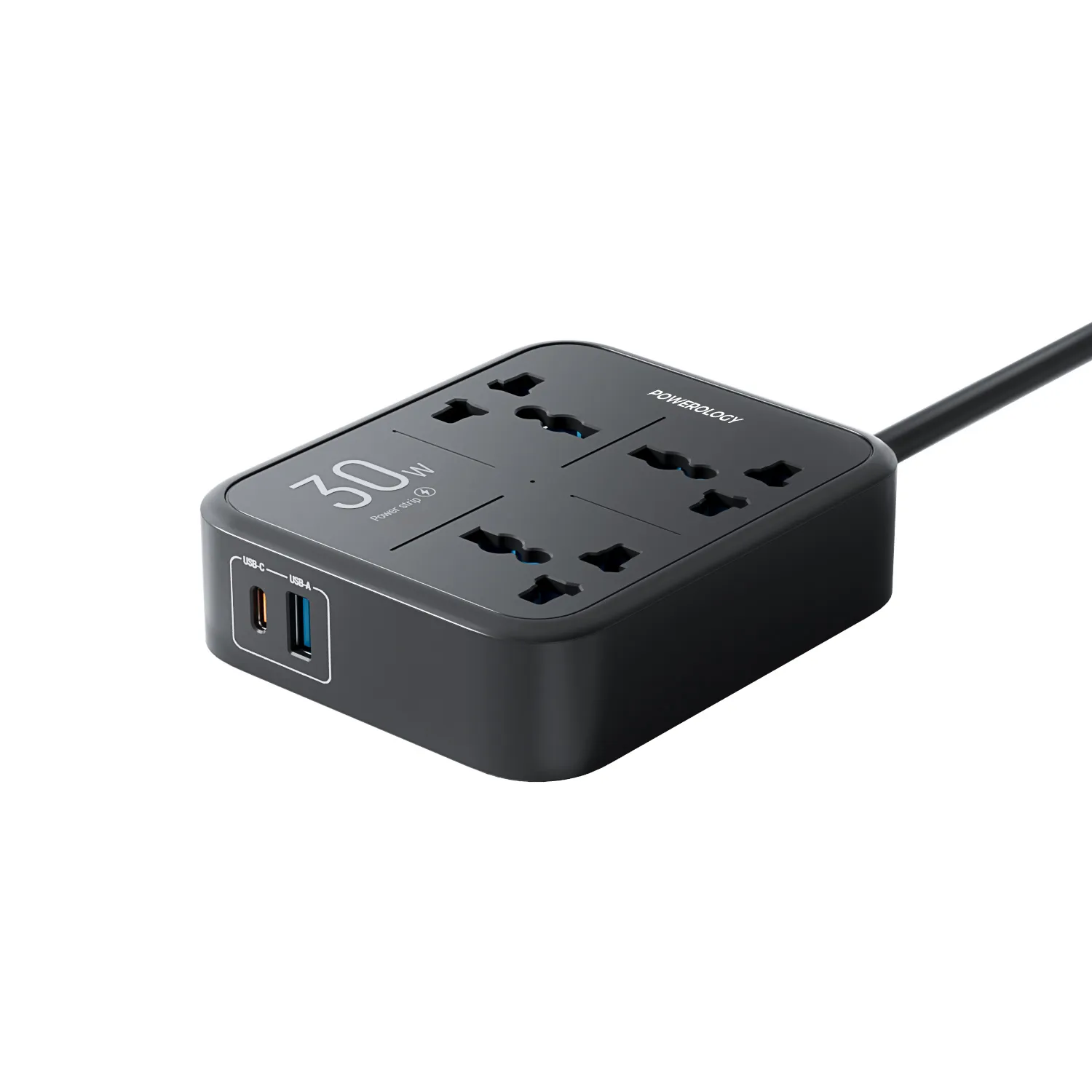 Powerology 30W Wall Socket UK Plug 3 AC*1 USBA*1 USB-C with 2m USB-C Cable - Black