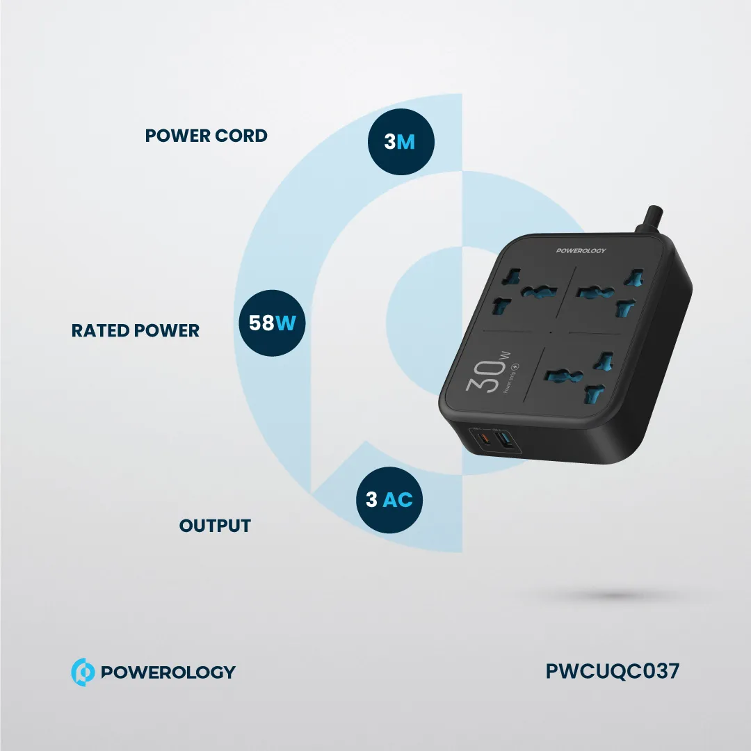 Powerology 30W Wall Socket UK Plug 3 AC*1 USBA*1 USB-C with 2m USB-C Cable - Black