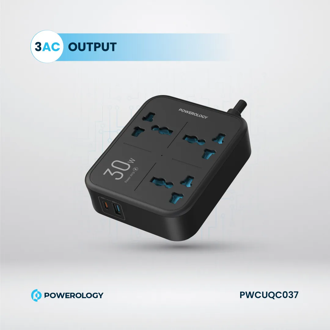 Powerology 30W Wall Socket UK Plug 3 AC*1 USBA*1 USB-C with 2m USB-C Cable - Black