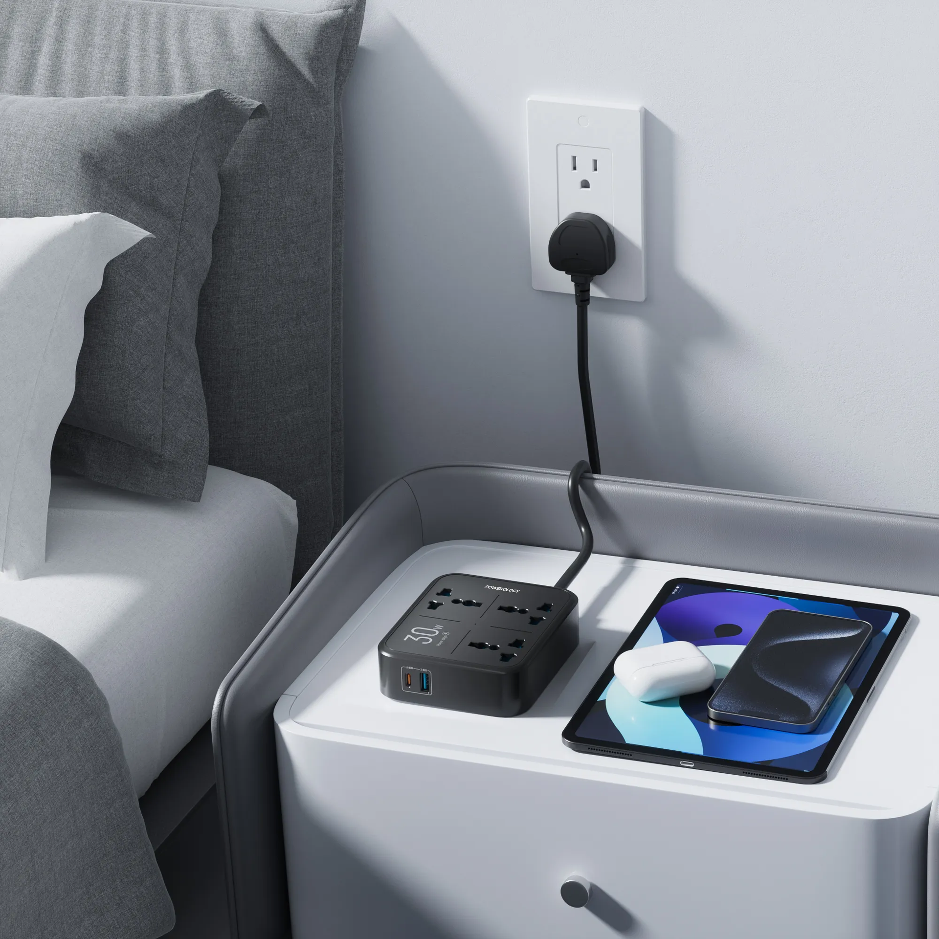 Powerology 30W Wall Socket UK Plug 3 AC*1 USBA*1 USB-C with 2m USB-C Cable - Black