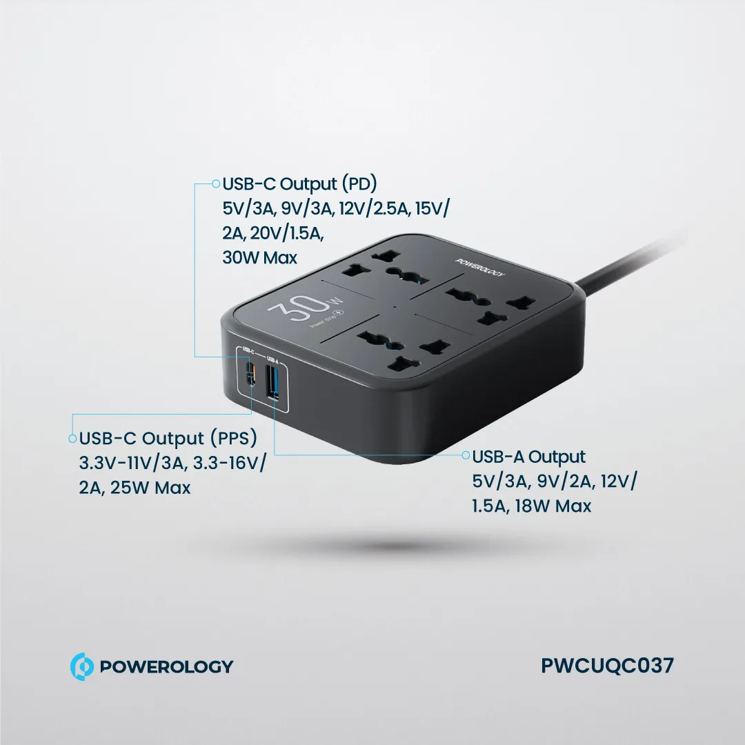 Powerology 30W Wall Socket UK Plug 3 AC*1 USBA*1 USB-C with 2m USB-C Cable - Black