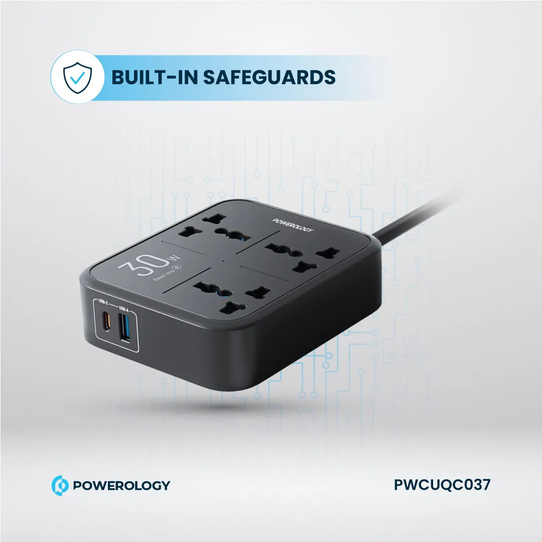 Powerology 30W Wall Socket UK Plug 3 AC*1 USBA*1 USB-C with 2m USB-C Cable - Black