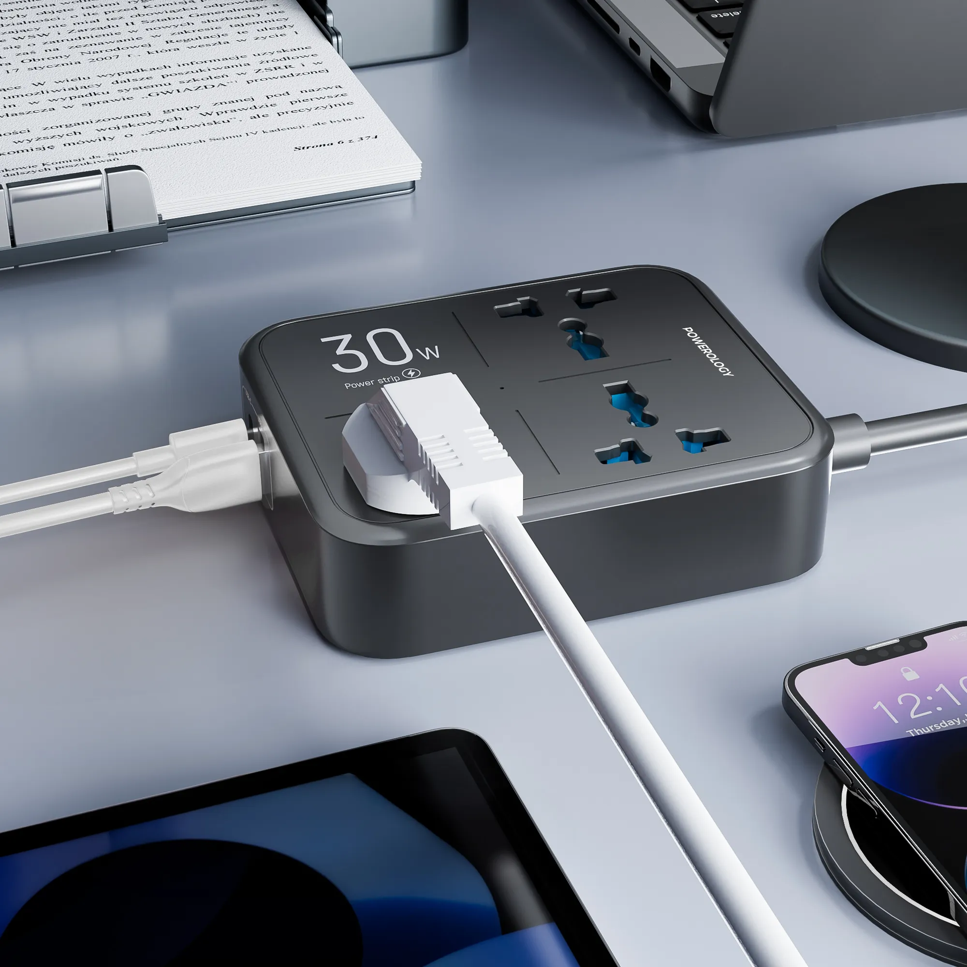 Powerology 30W Wall Socket UK Plug 3 AC*1 USBA*1 USB-C with 2m USB-C Cable - Black