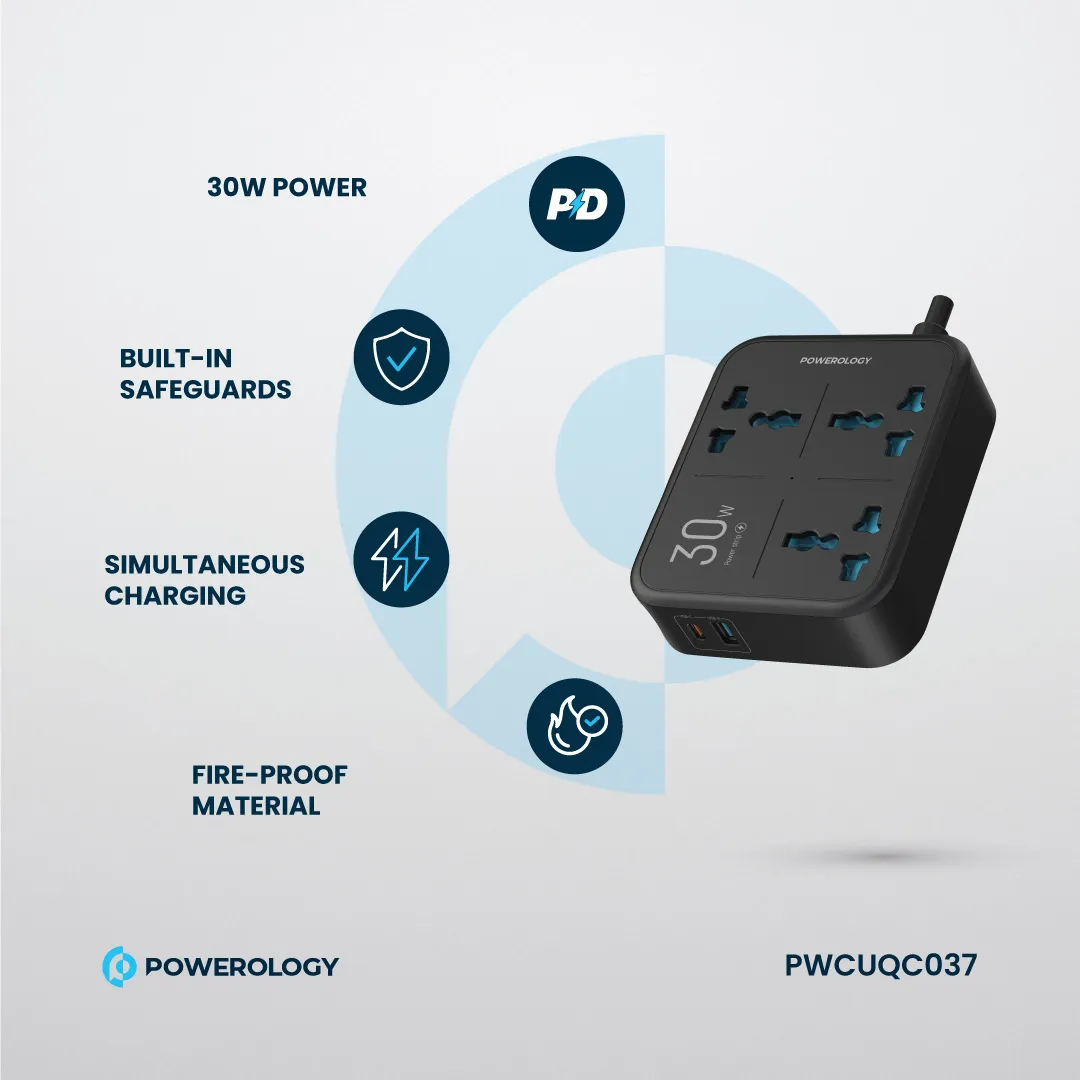 Powerology 30W Wall Socket UK Plug 3 AC*1 USBA*1 USB-C with 2m USB-C Cable - Black