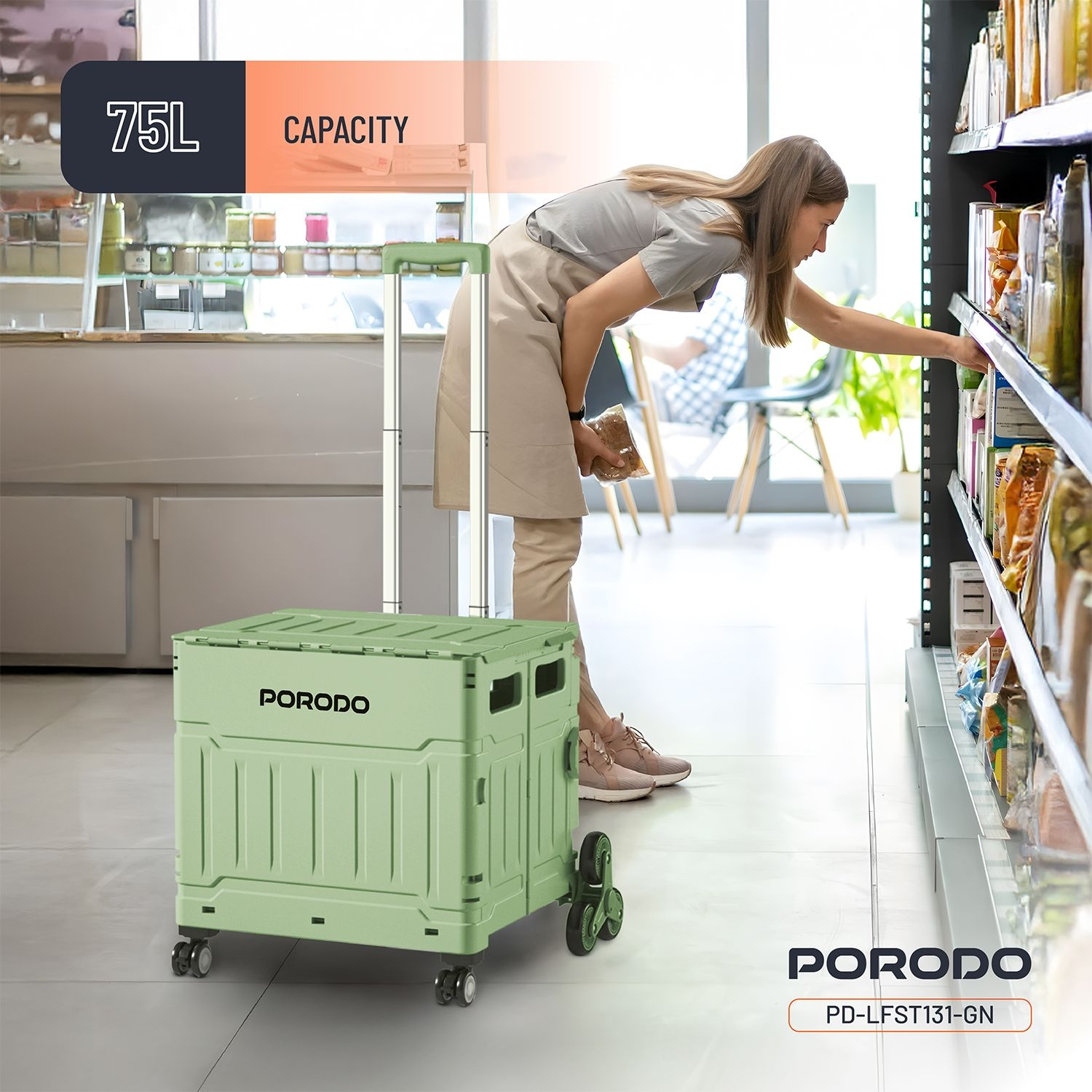 Porodo Lifestyle Collapsible 75L Magnetic Slide Cover Foldable Camping Trolley with Widening Lev