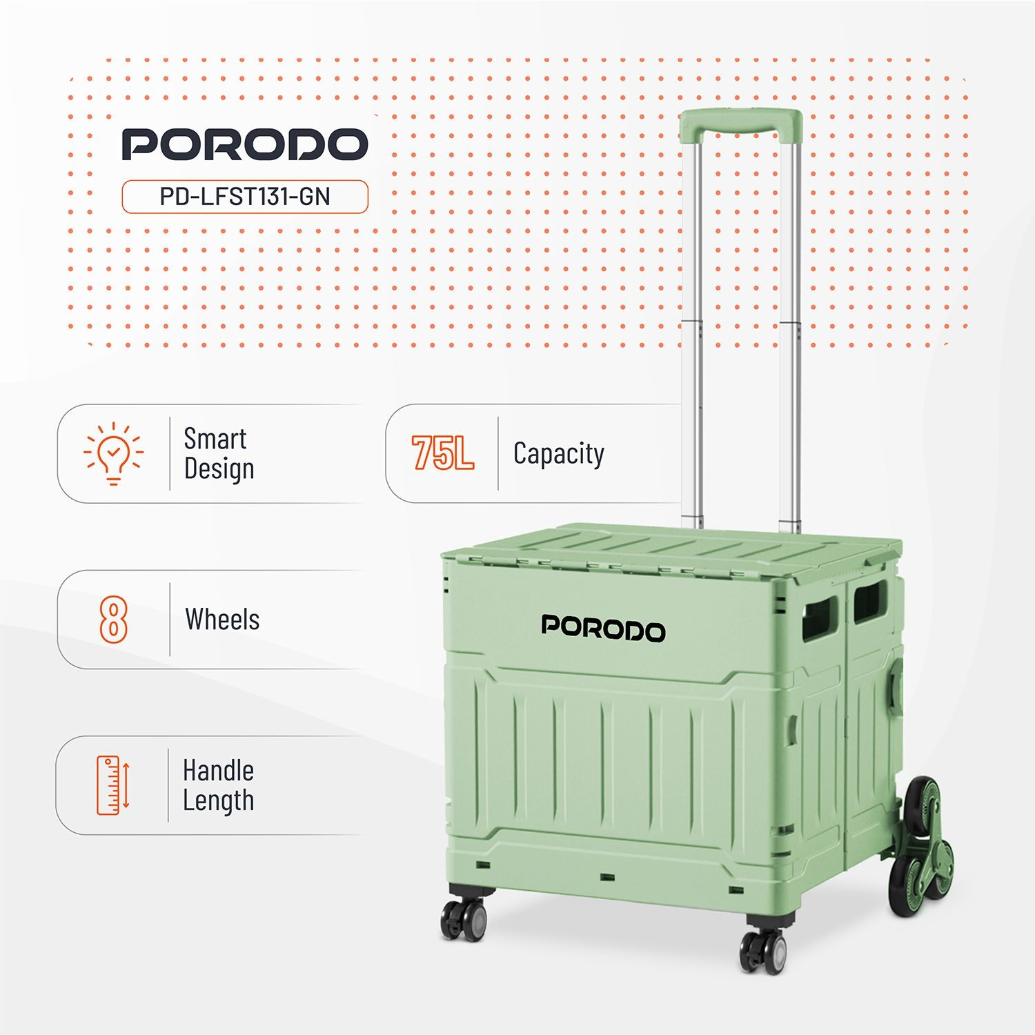 Porodo Lifestyle Collapsible 75L Magnetic Slide Cover Foldable Camping Trolley with Widening Lev