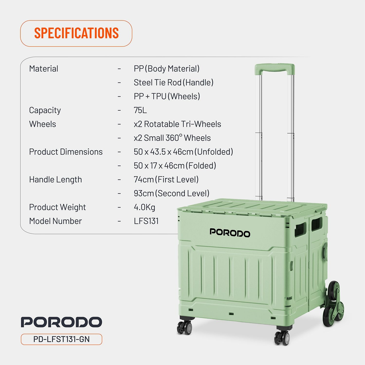 Porodo Lifestyle Collapsible 75L Magnetic Slide Cover Foldable Camping Trolley with Widening Lev