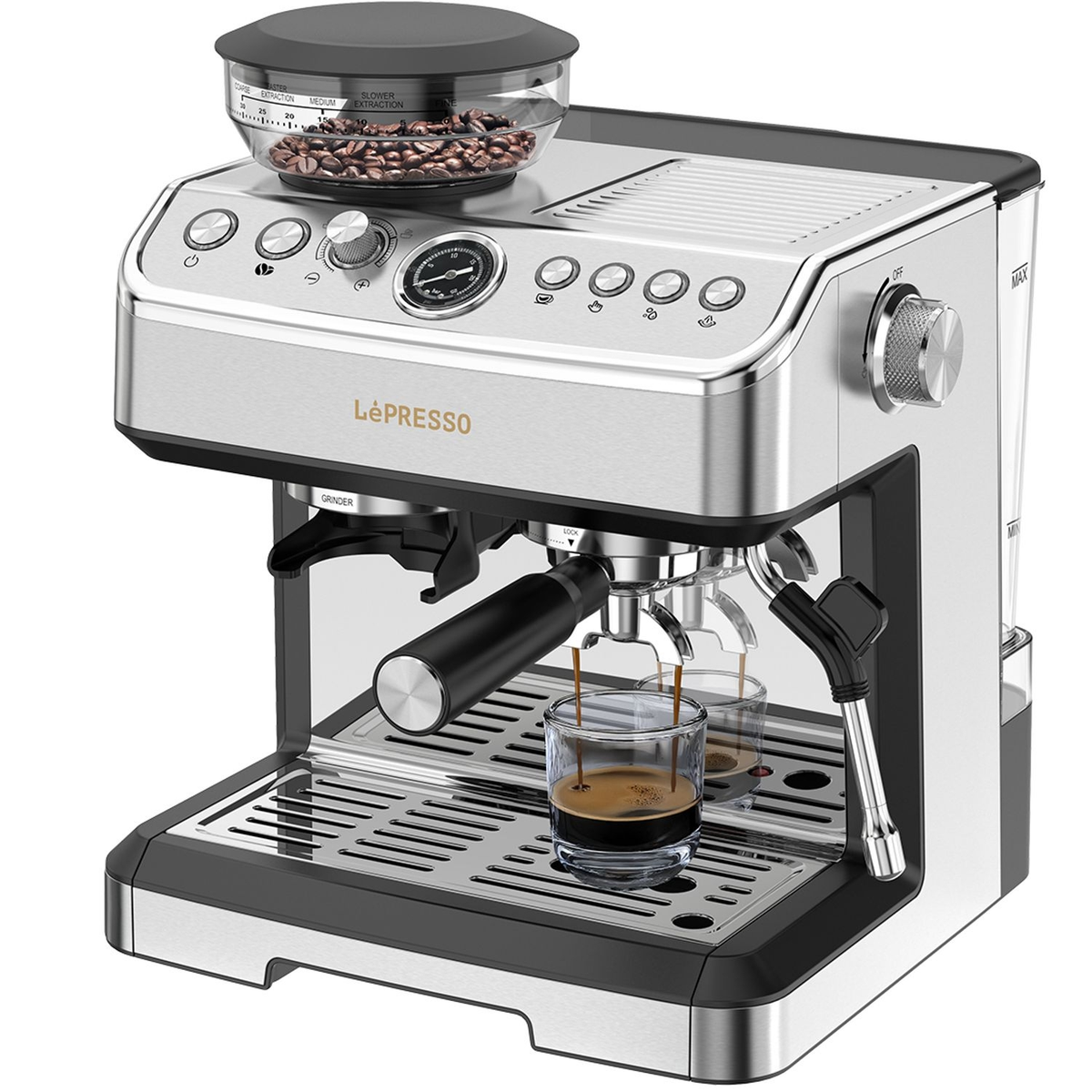 LePresso 2380W Espresso Maker 20-Bar Chinese Pump 2.8L Dual Boiler 58mm Grinder - Silve
